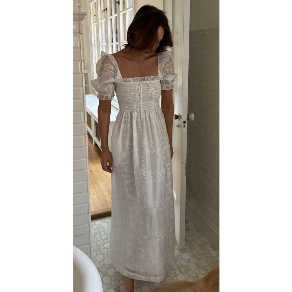 Hill House White Eyelet Midi Dress with Puff Sleeves